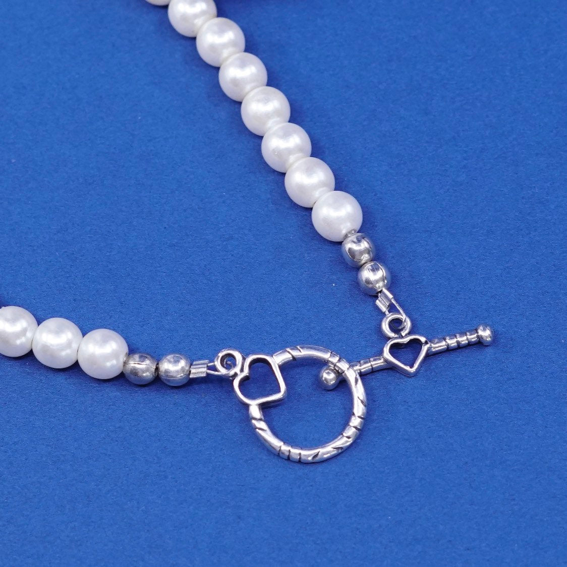 7.25", vtg sterling silver handmade bracelet, pearl 925 beads N toggle closure