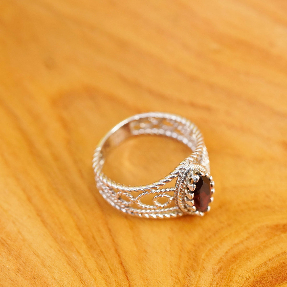 Size 8.25, vintage Sterling 925 silver handmade filigree ring with ruby