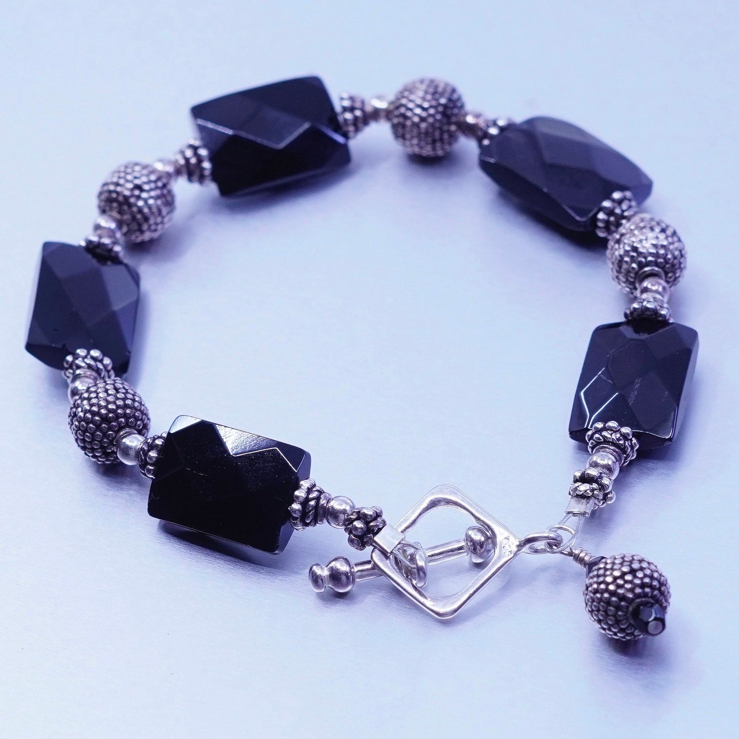 6.5”, vintage bali Sterling 925 silver bracelet with obsidian beads