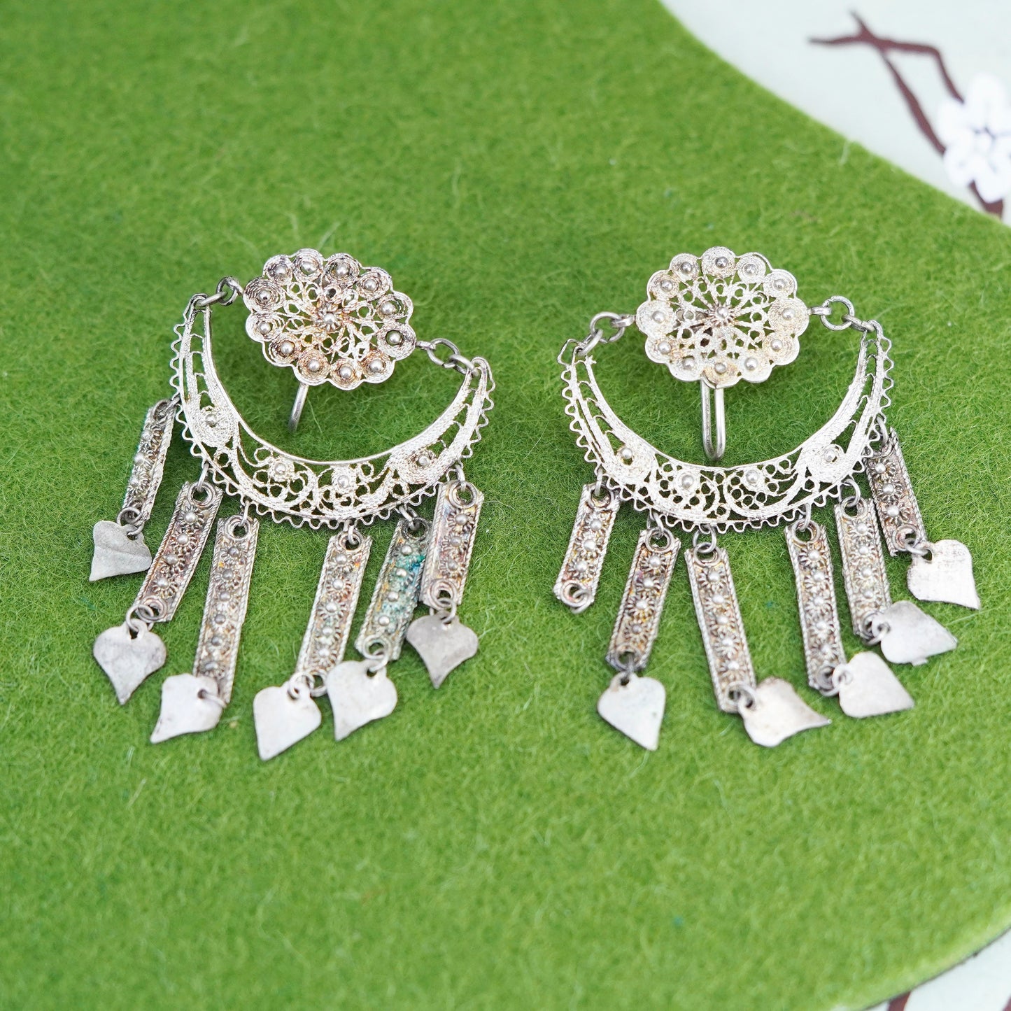 Vintage sterling silver 925 filigree fringe screw back earrings