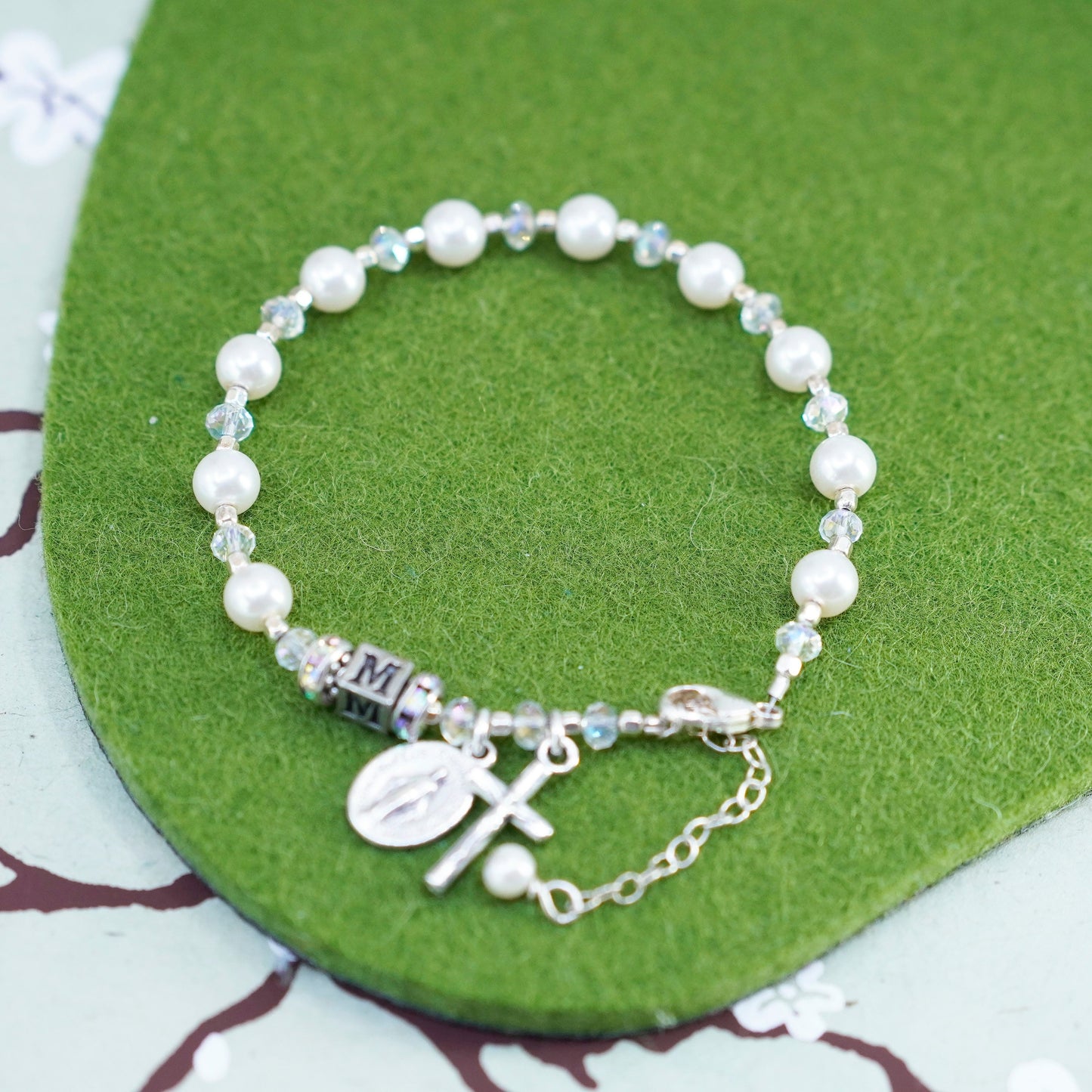 6.75”, handmade bracelet, freshwater pearl with 925 Virgin Mary Jesus charm