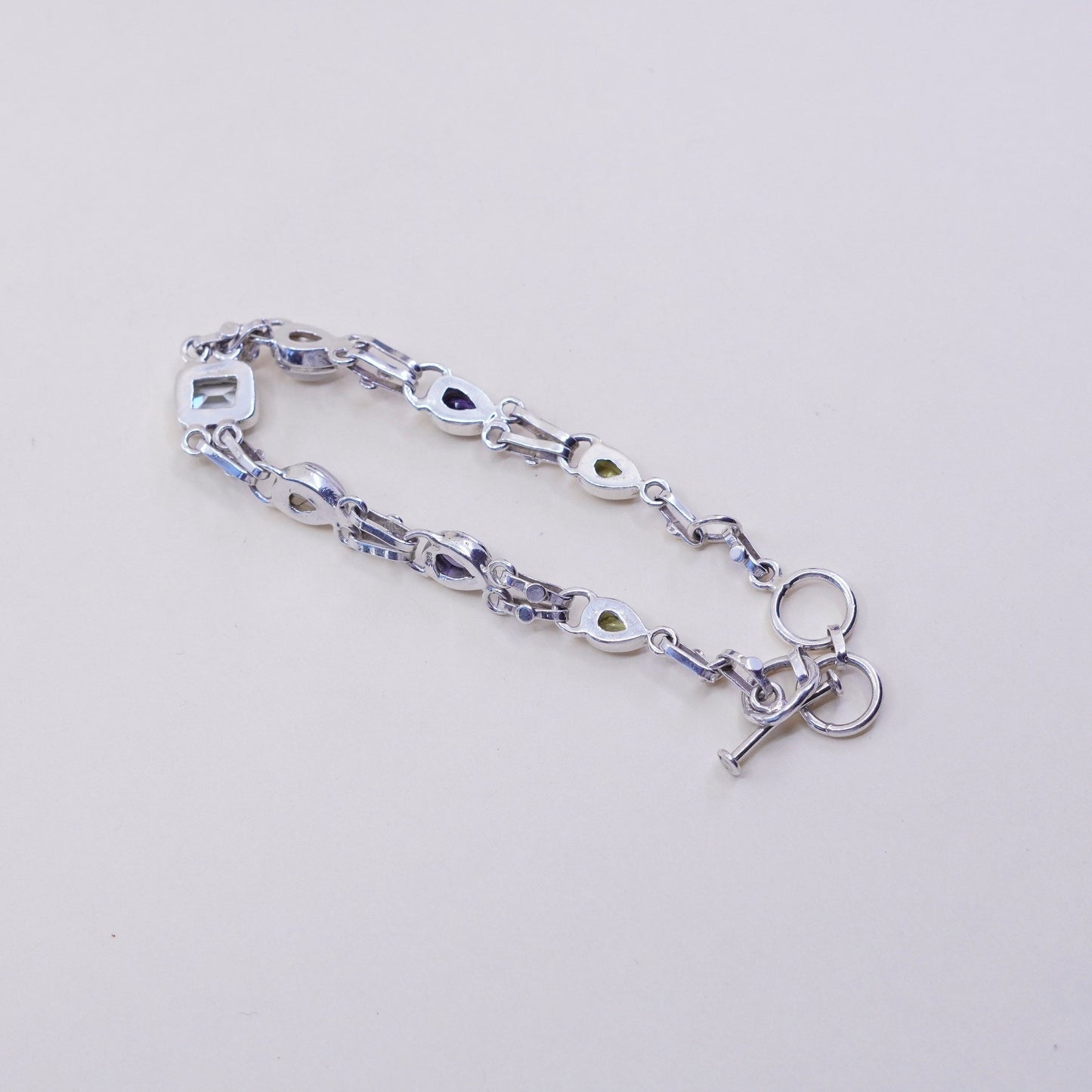 7.25+1”, Sterling 925 silver handmade bracelet with topaz peridot amethyst