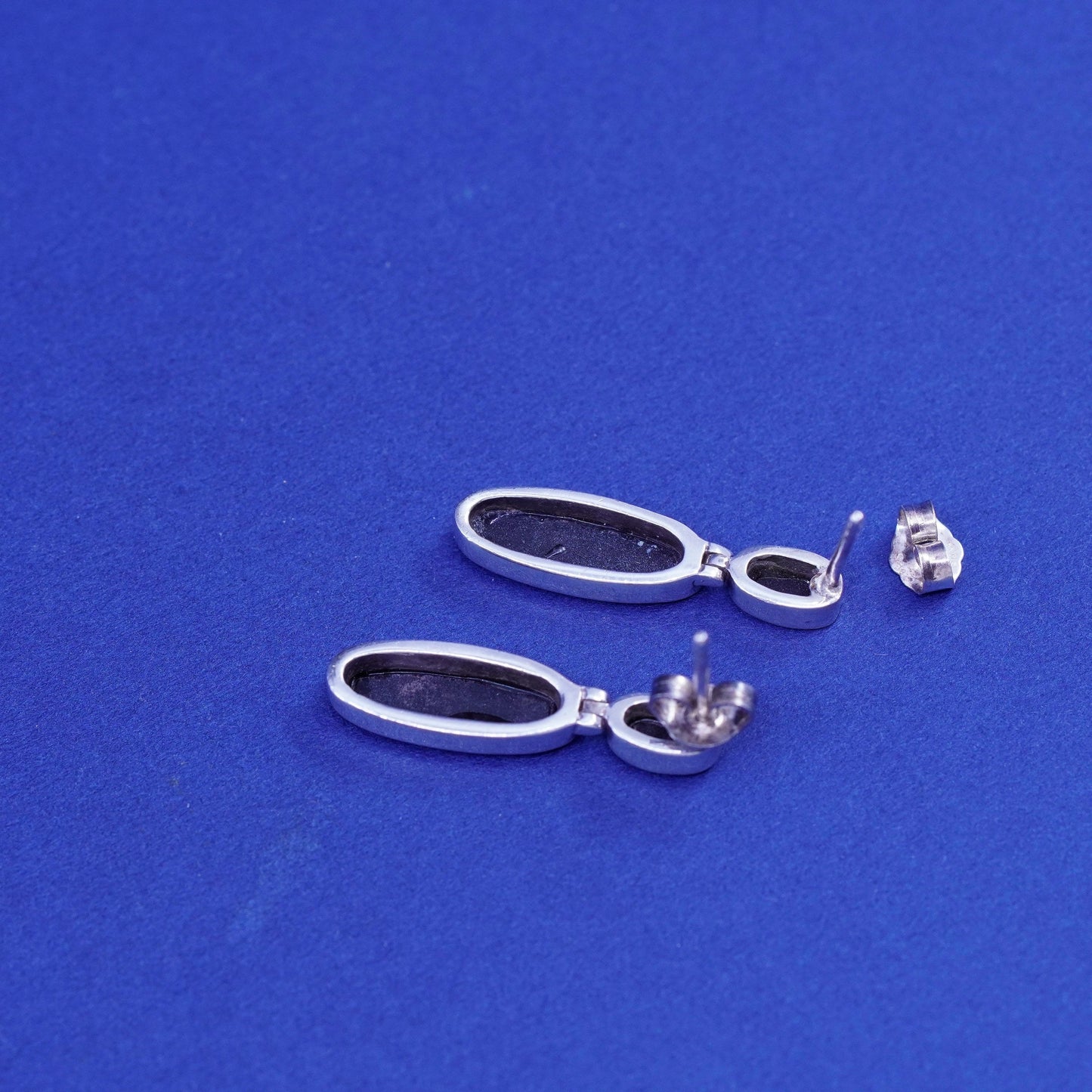 Vintage sterling 925 silver handmade earrings with oval obsidian