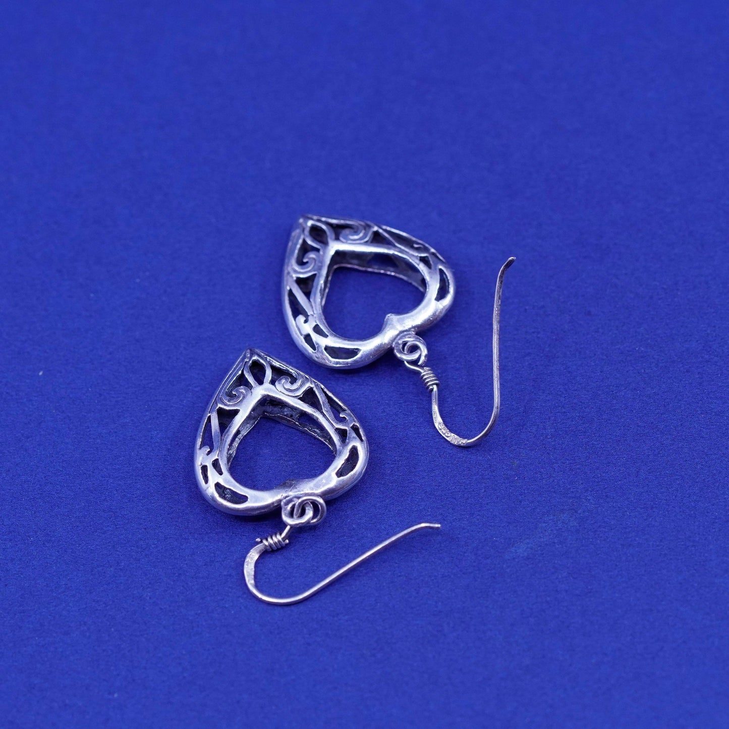 Vintage Sterling silver handmade earrings, 925 Bali filigree heart drops