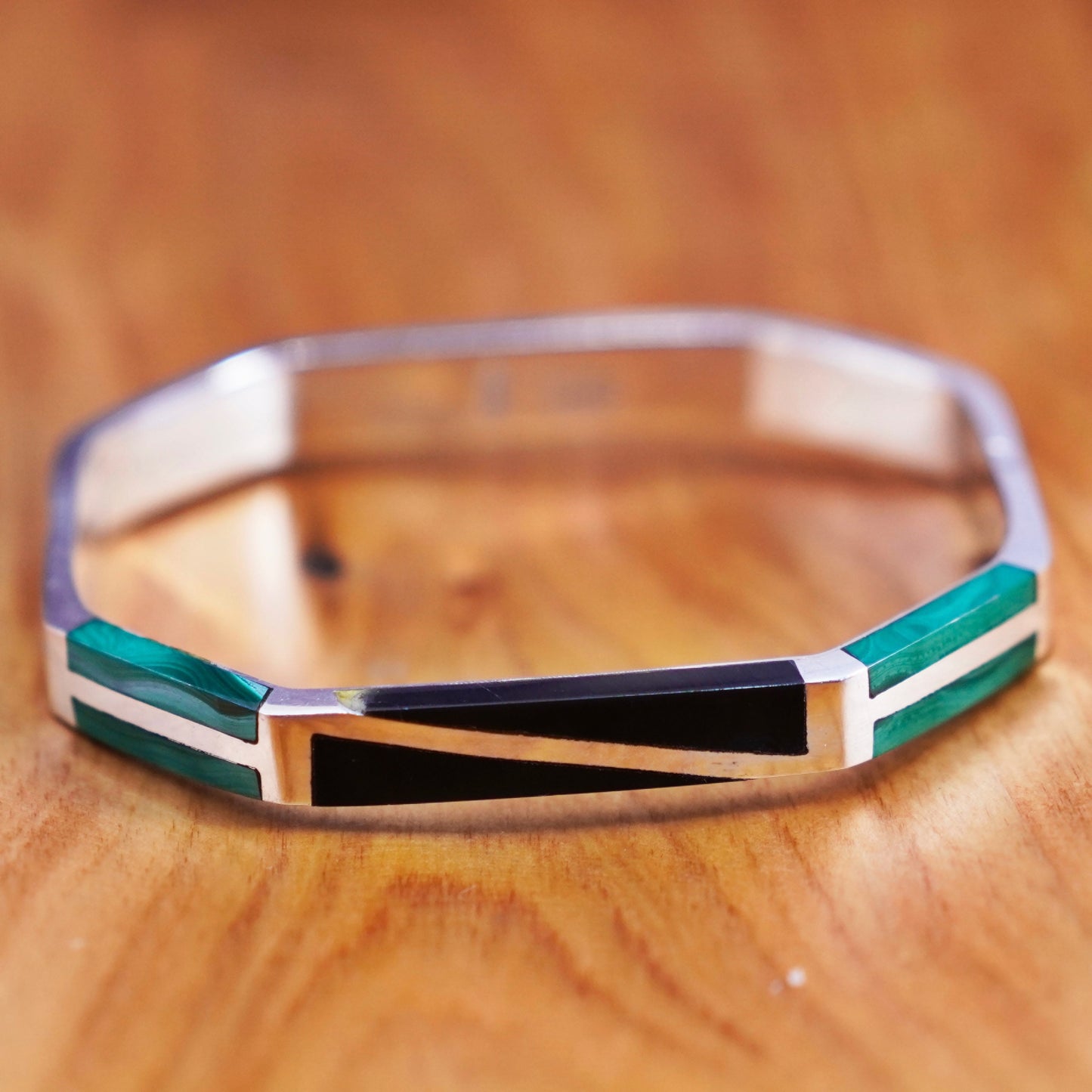 7”, Sterling silver handmade bracelet, Mexico 925 hinged bangle malachite onyx