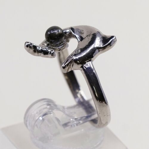 Sz 7, Vtg Silver Tone Dolphin Ring With Colorful Glass Bead