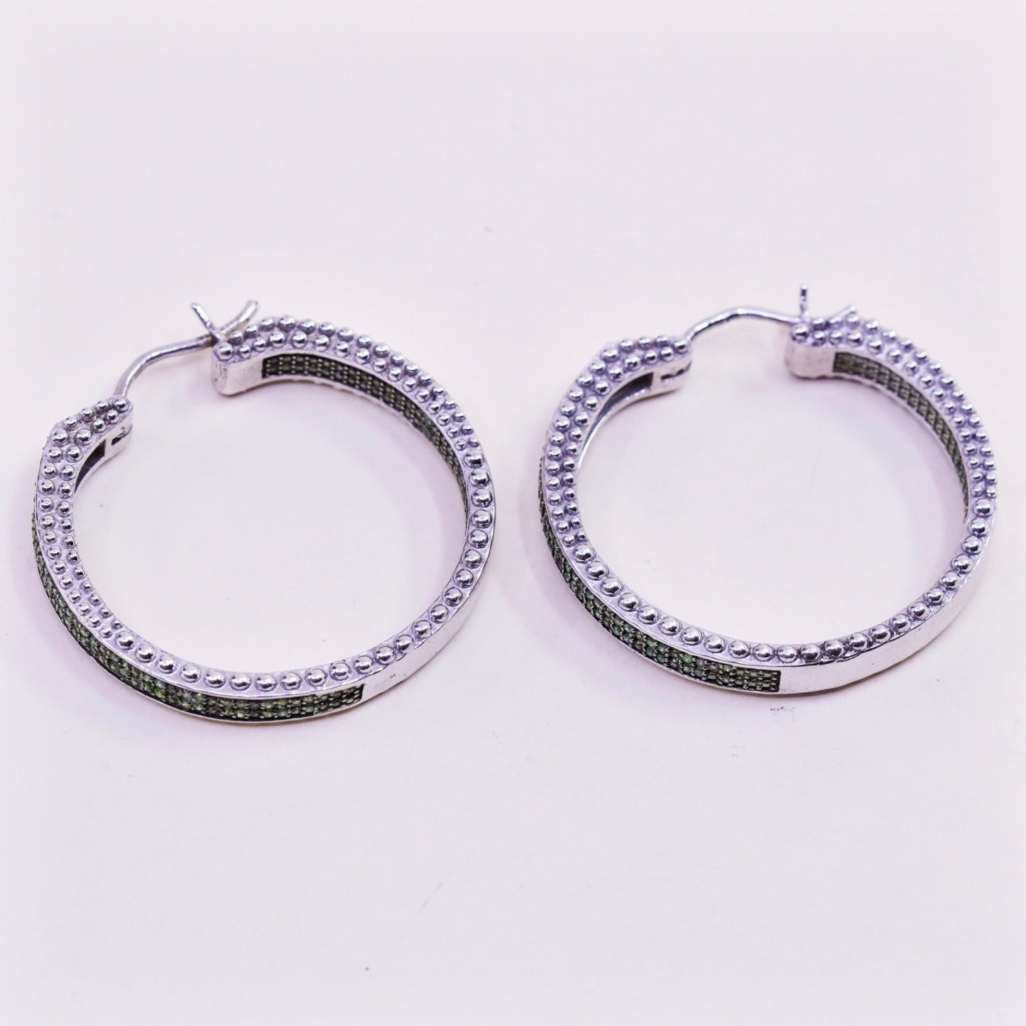 1.25”, sterling silver earrings, 925 silver hoops, Huggie with cluster emerald