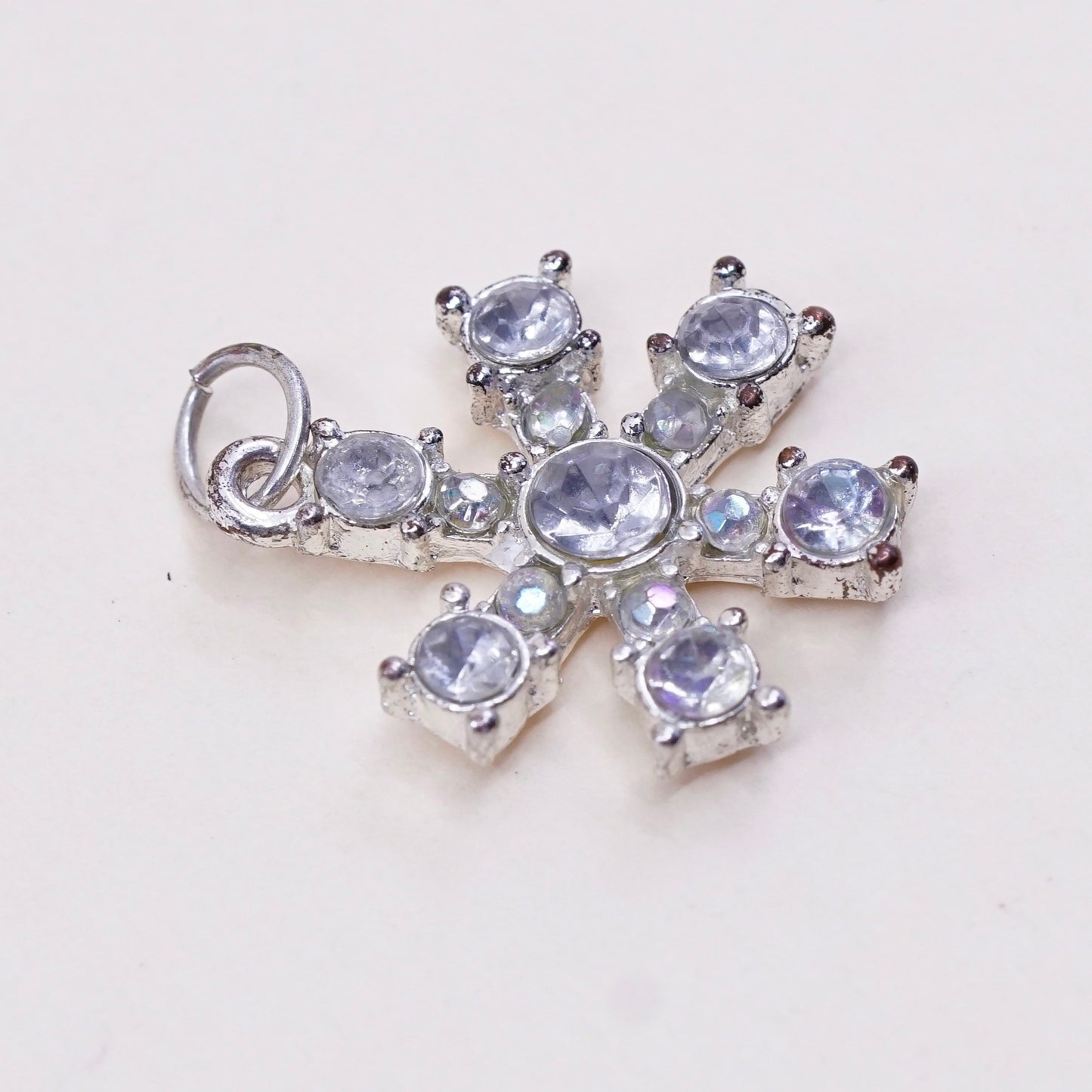 Vintage silver tone snowflake pendant charm with Cz