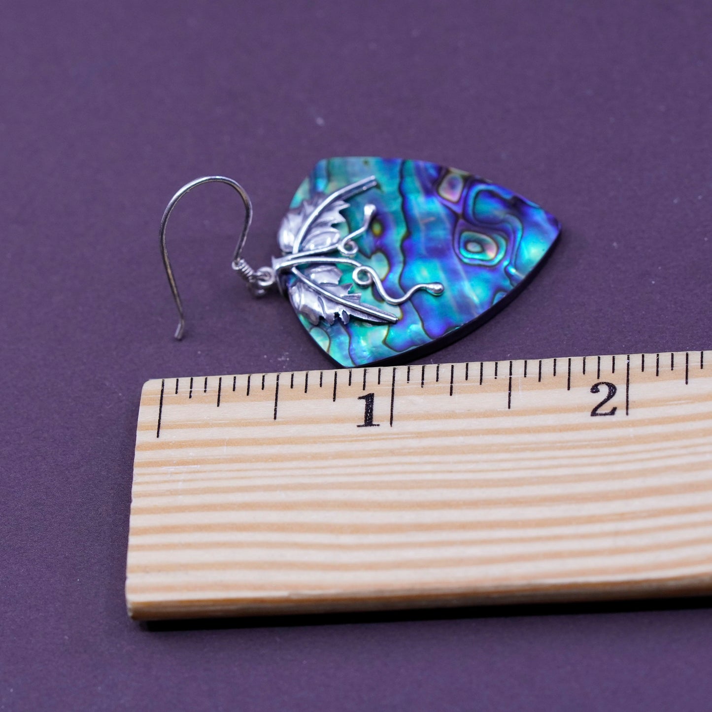 Sterling silver handmade earrings, 925 grapevine leaves with abalone dangles