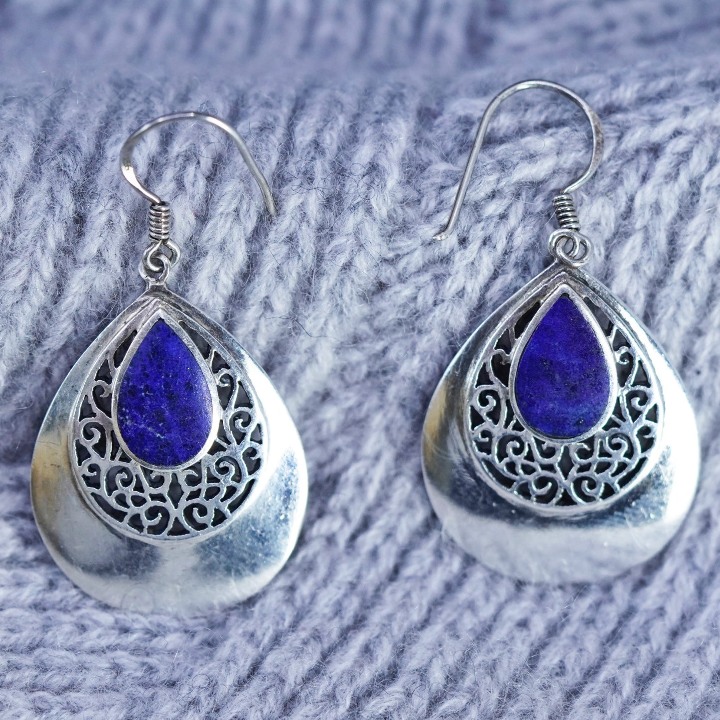 Boma Sterling 925 silver handmade teardrop filigree earrings with lapis lazuli