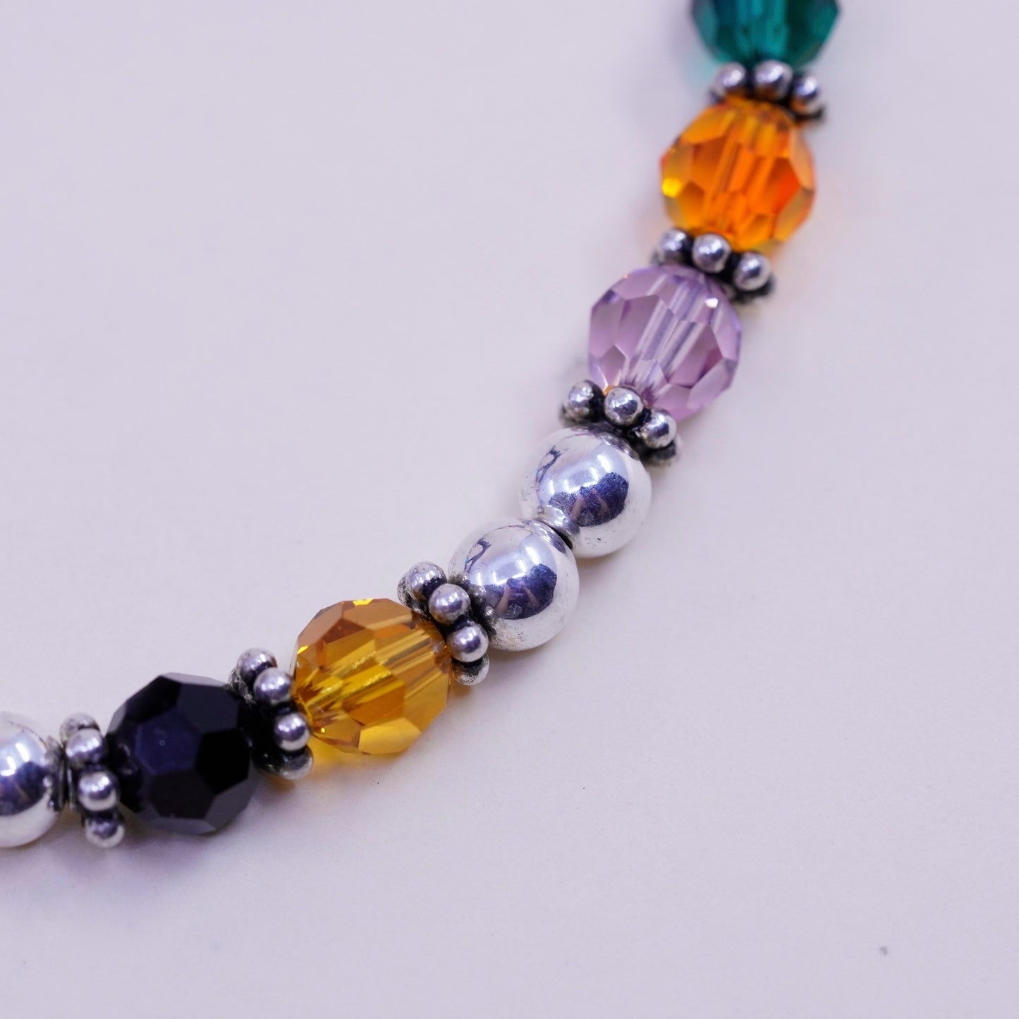 7”, Vintage sterling silver bracelet, 925 beads chain crystal ribbon bow charm