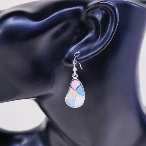 STERLING 925 SILVER Handmade Earrings W/ Blue N Pink Bean MOTHER OF PEARL