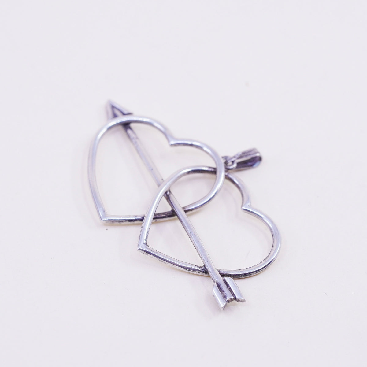 Vintage sterling silver handmade pendant, 925 double heart with arrow