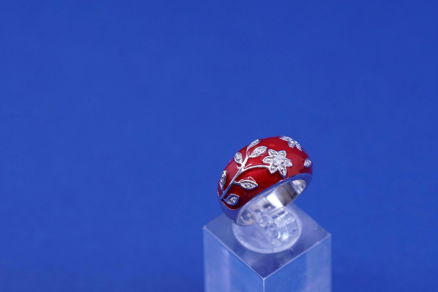 Size 6, vtg Sterling silver handmade ring, 925 red enamel band with flower Cz