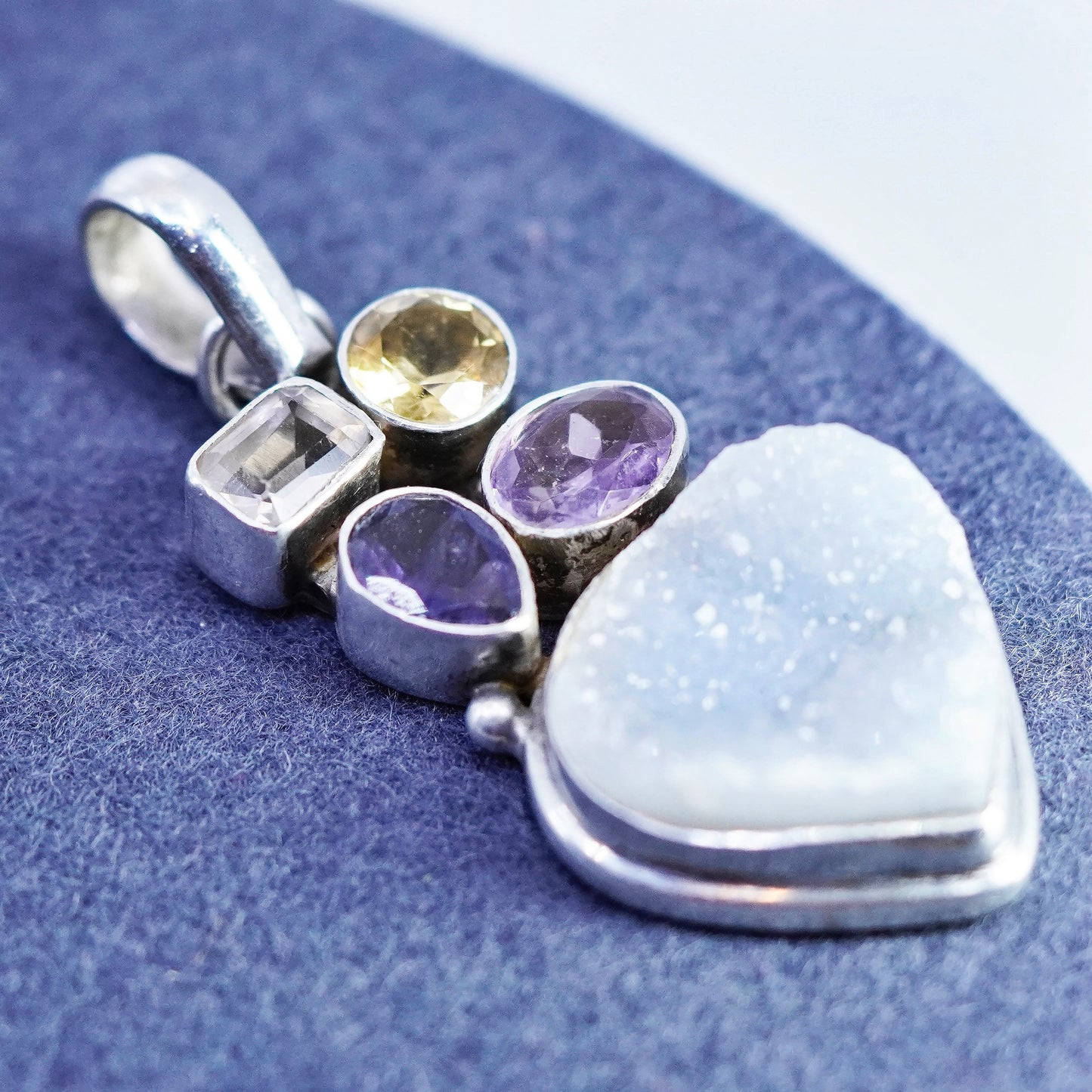 Mexico sterling 925 silver teardrop pendant with amethyst citrine clear druzy