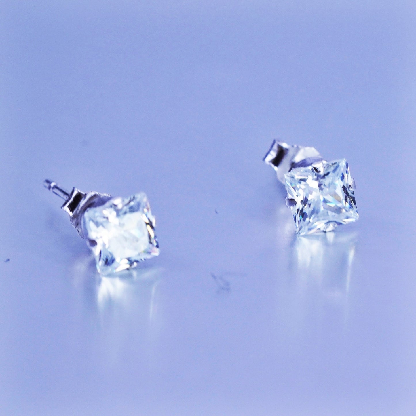 4mm, Vintage Sterling 925 silver handmade earrings, square cz studs