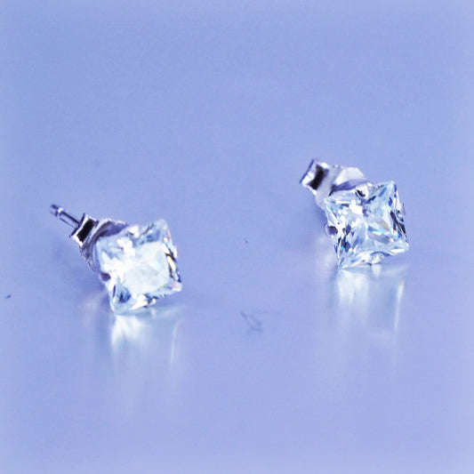 4mm, Vintage Sterling 925 silver handmade earrings, square cz studs