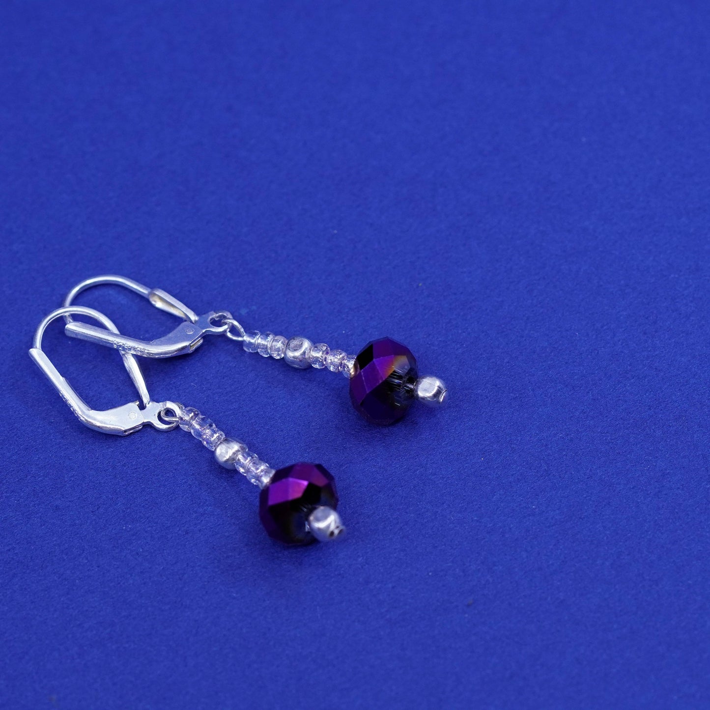 Vintage sterling 925 silver handmade earrings, with purple crystal