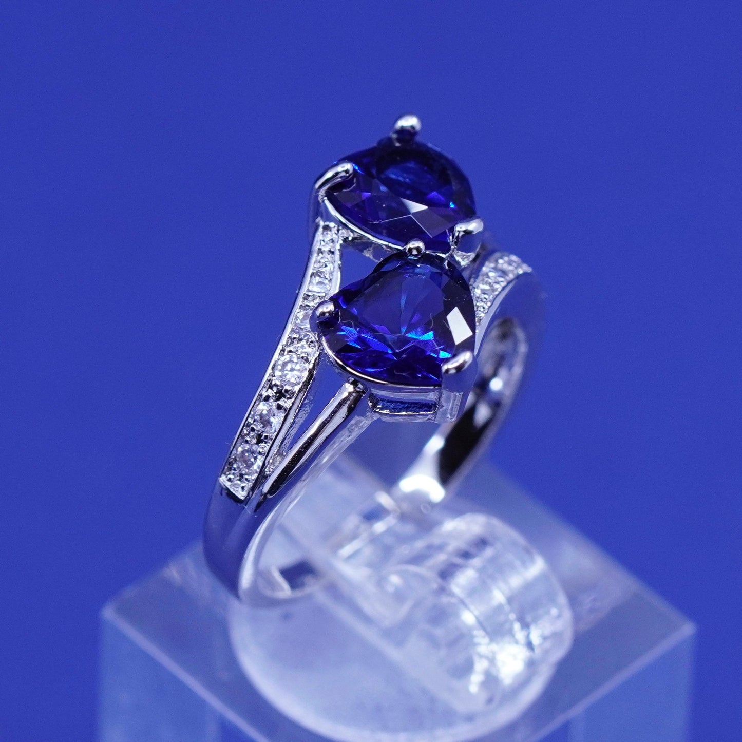 Size 6.25, Sterling 925 silver engagement ring with sapphire heart cluster Cz