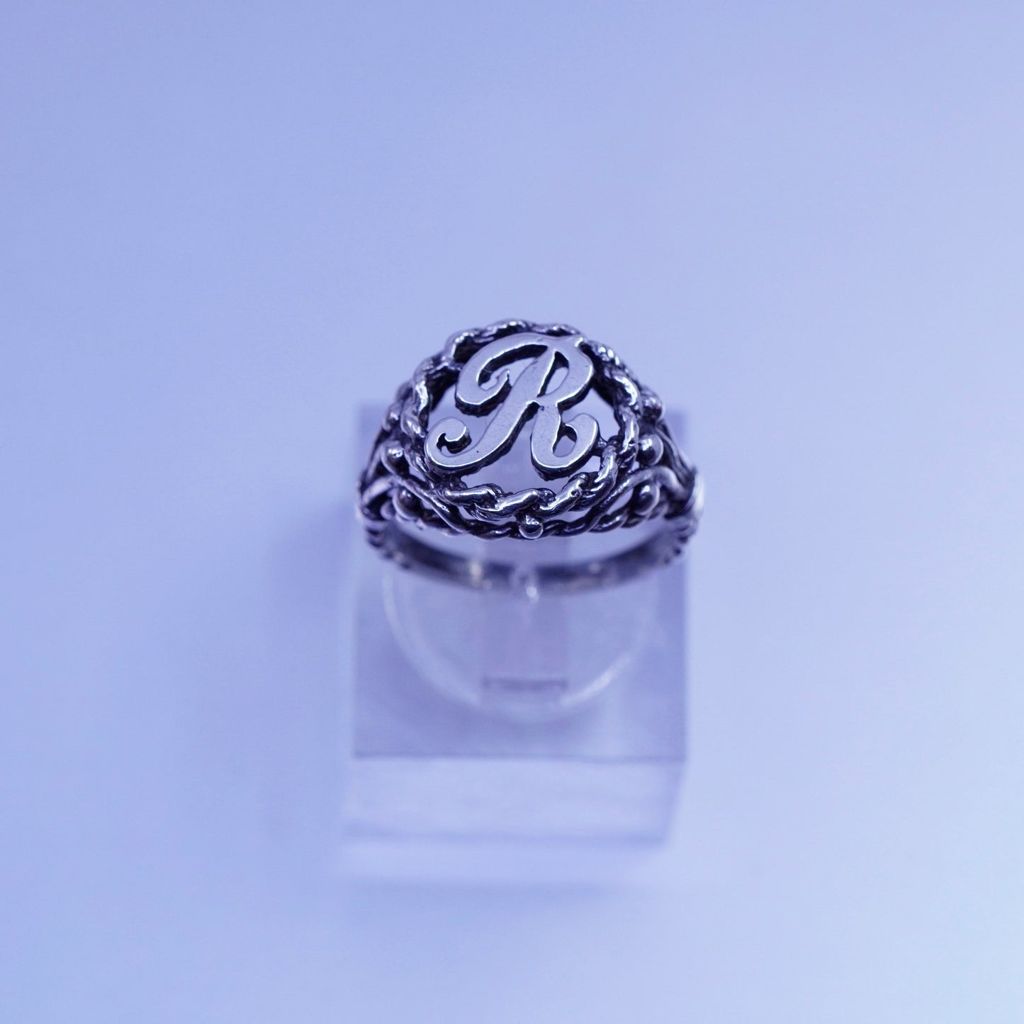 Size 5.5, vtg Sterling 925 silver stackable ring, initial letter R cable band