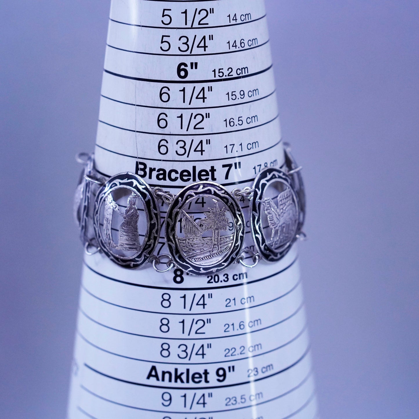7.25”, vintage Sterling 925 silver tennis bracelet ancient storyteller chain
