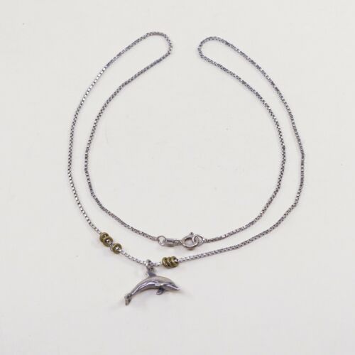 18”, Vtg Italy 925 Sterling Silver Box Chain Necklace W/ Dolphin Pendant