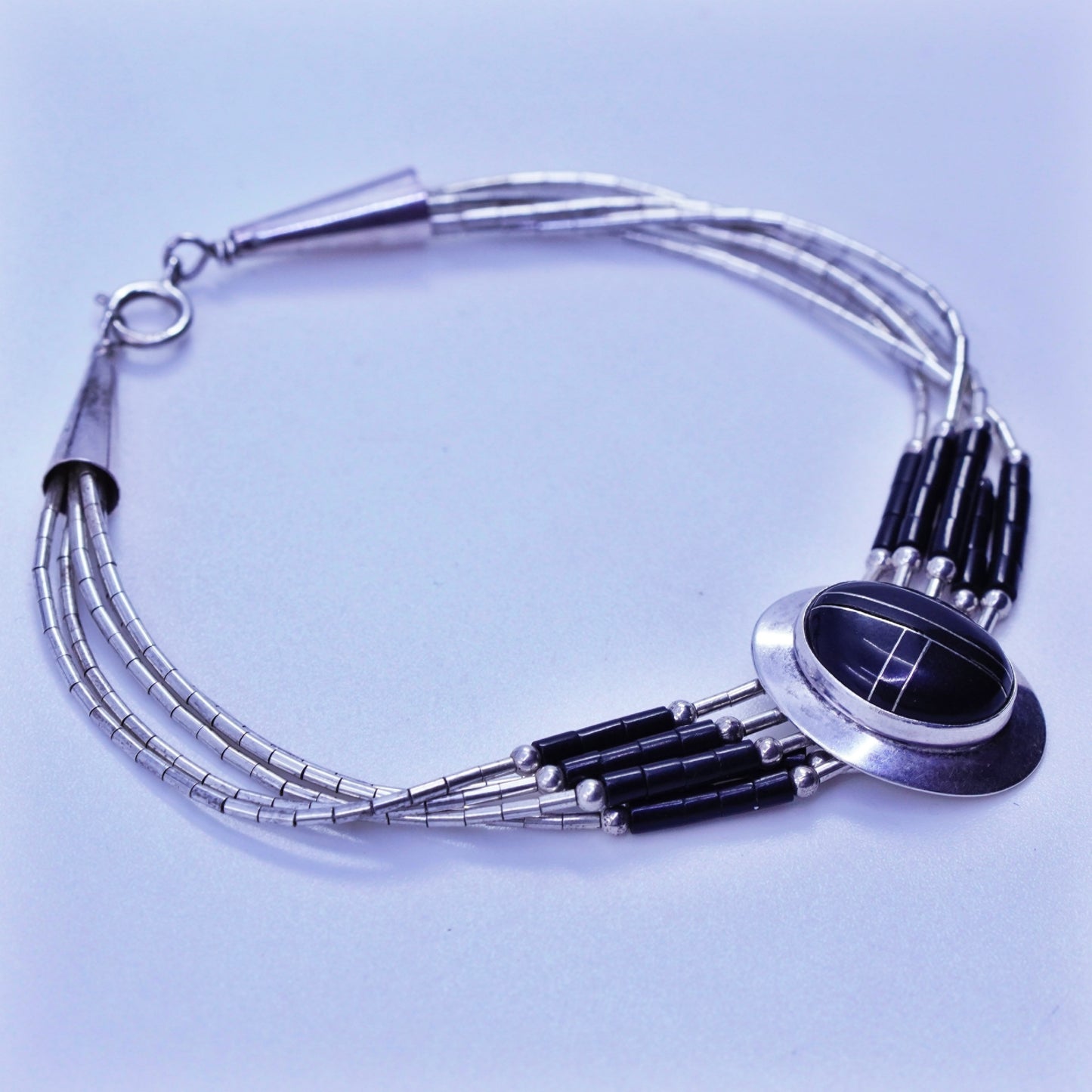 6.75”, Vintage Sterling 925 silver handmade bracelet, liquid chain Zuni charm