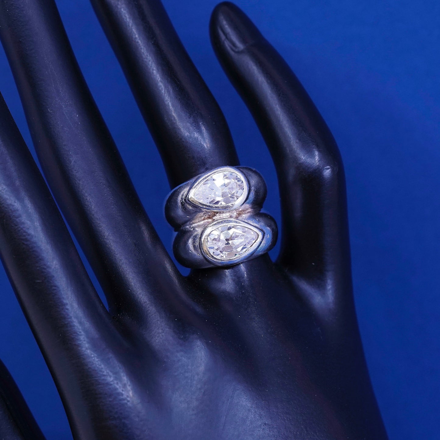 sz 6, vtg Sterling silver handmade ring, 925 statement band w/ teardrop cz
