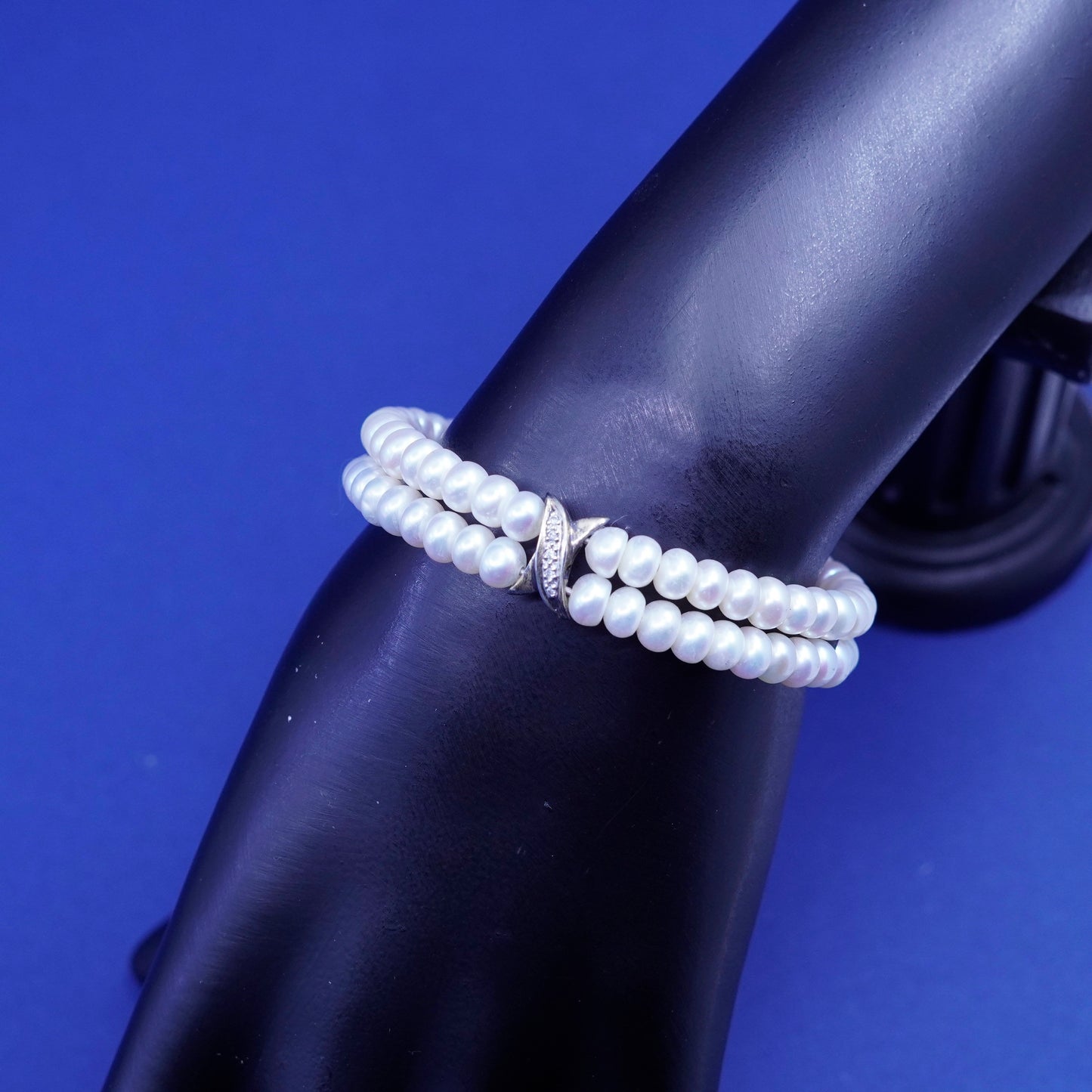 5.75”, vintage sterling silver handmade bracelet, 925 double pearl bangle