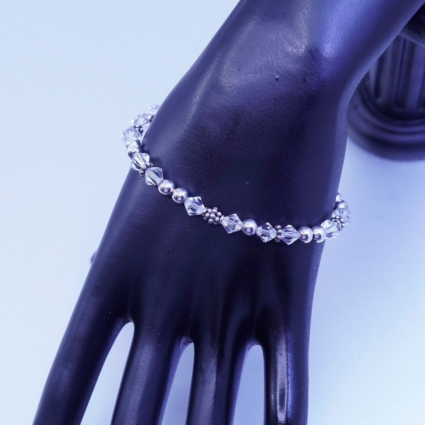 7.25”, vintage Sterling 925 silver handmade bracelet with clear crystal beads