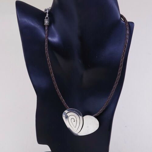 14+3” Vtg Sterling 925 Silver Heart Pendant Woven Leather Necklace Choker Collar