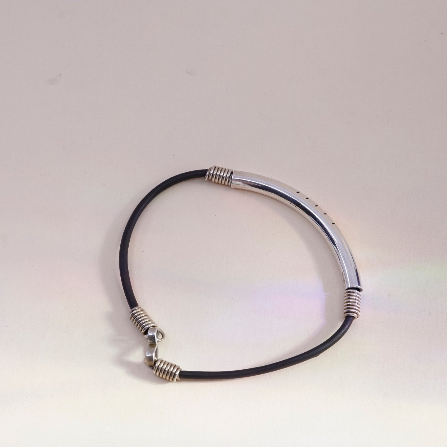 7.25”, Vintage black rubber chain with sterling 925 silver bar