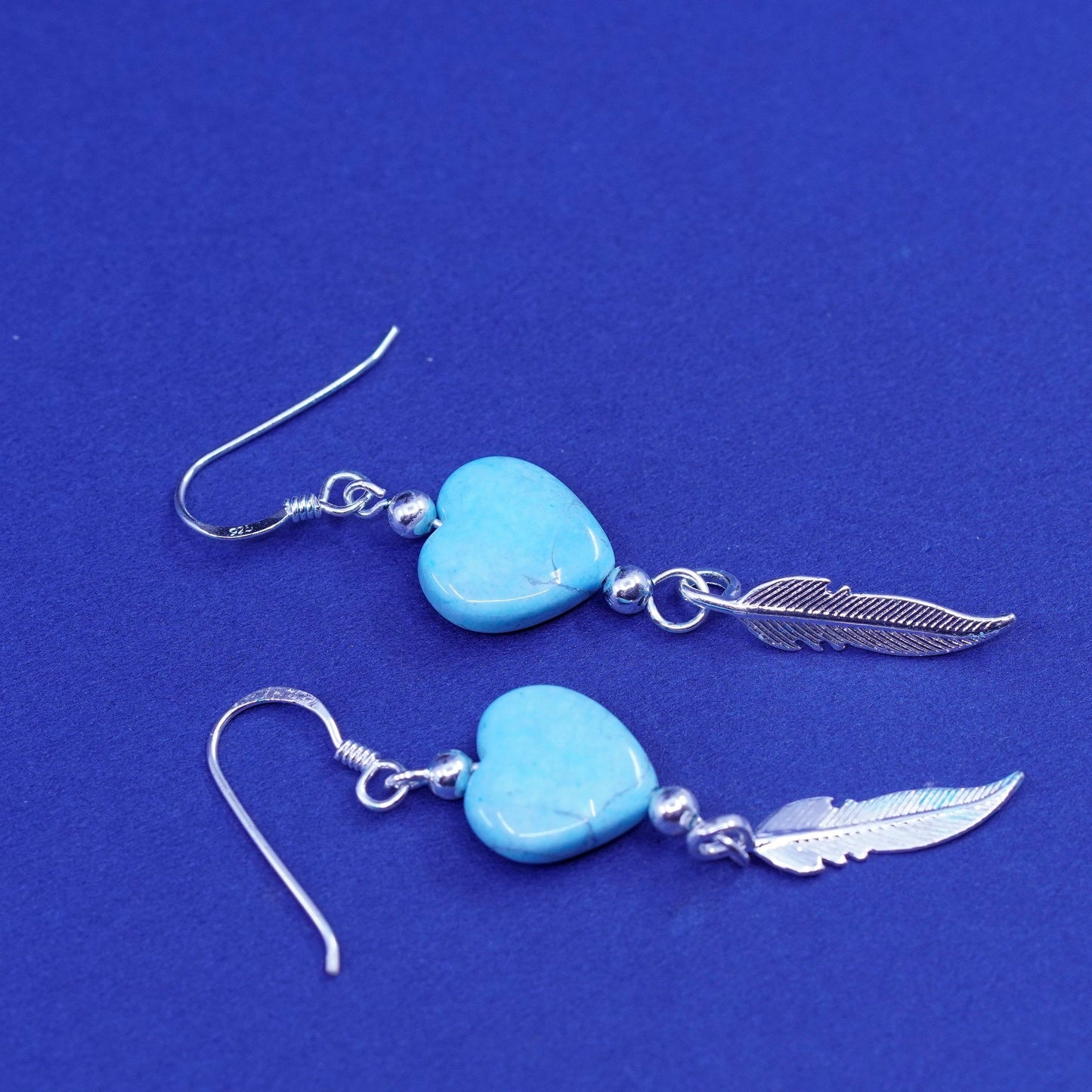 southwestern sterling 925 silver heart turquoise earrings with feather dangled