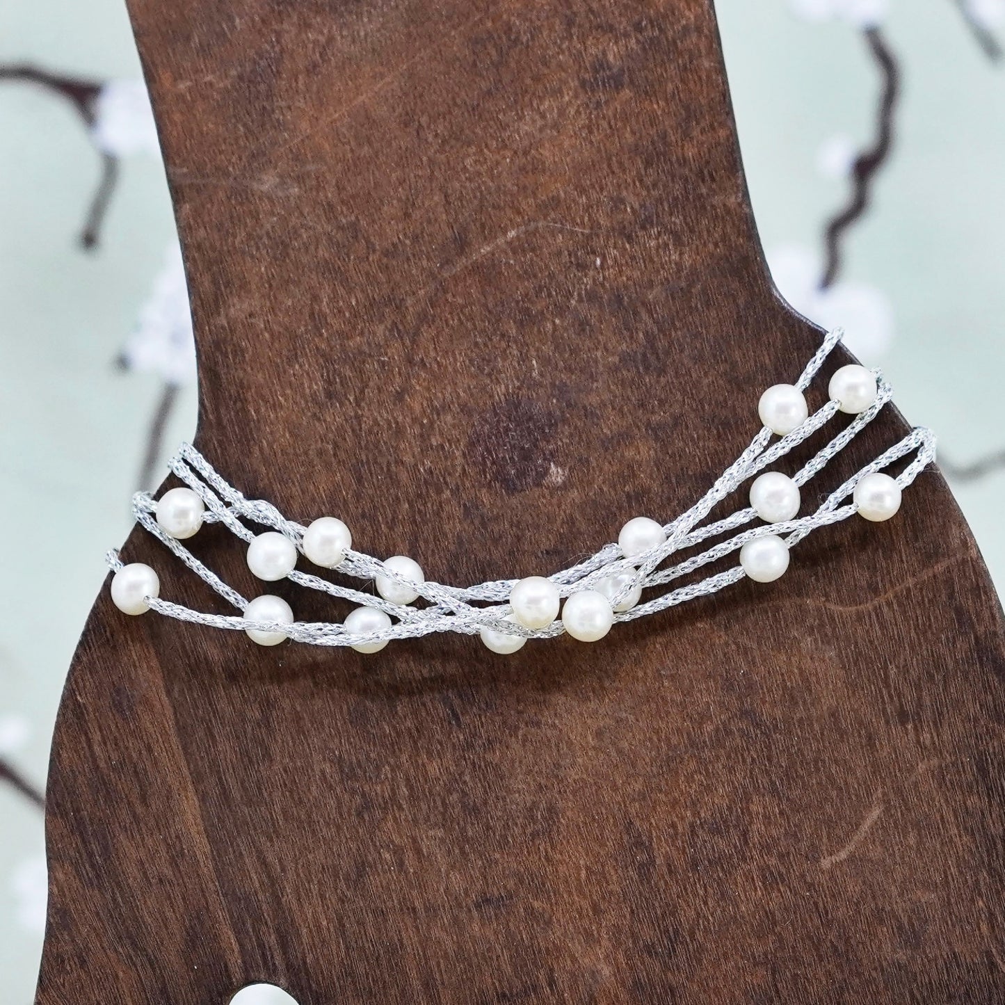 7”, Italy multi strands 925 sterling silver bracelet, silver fiber chain pearl