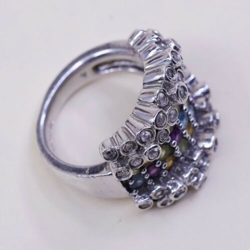 Sz 7.25, Vtg Sterling 925 silver Statement ring W/ Colorful Cluster Quartz