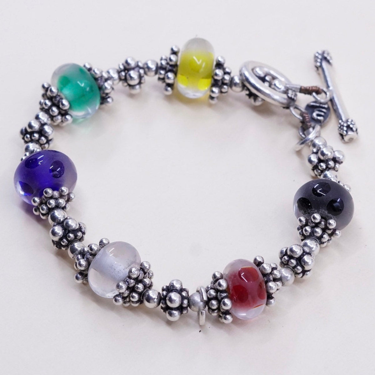 7”, vtg MB Sterling 925 Silver Lampwork Art Glass Bead Toggle Bracelet B0871