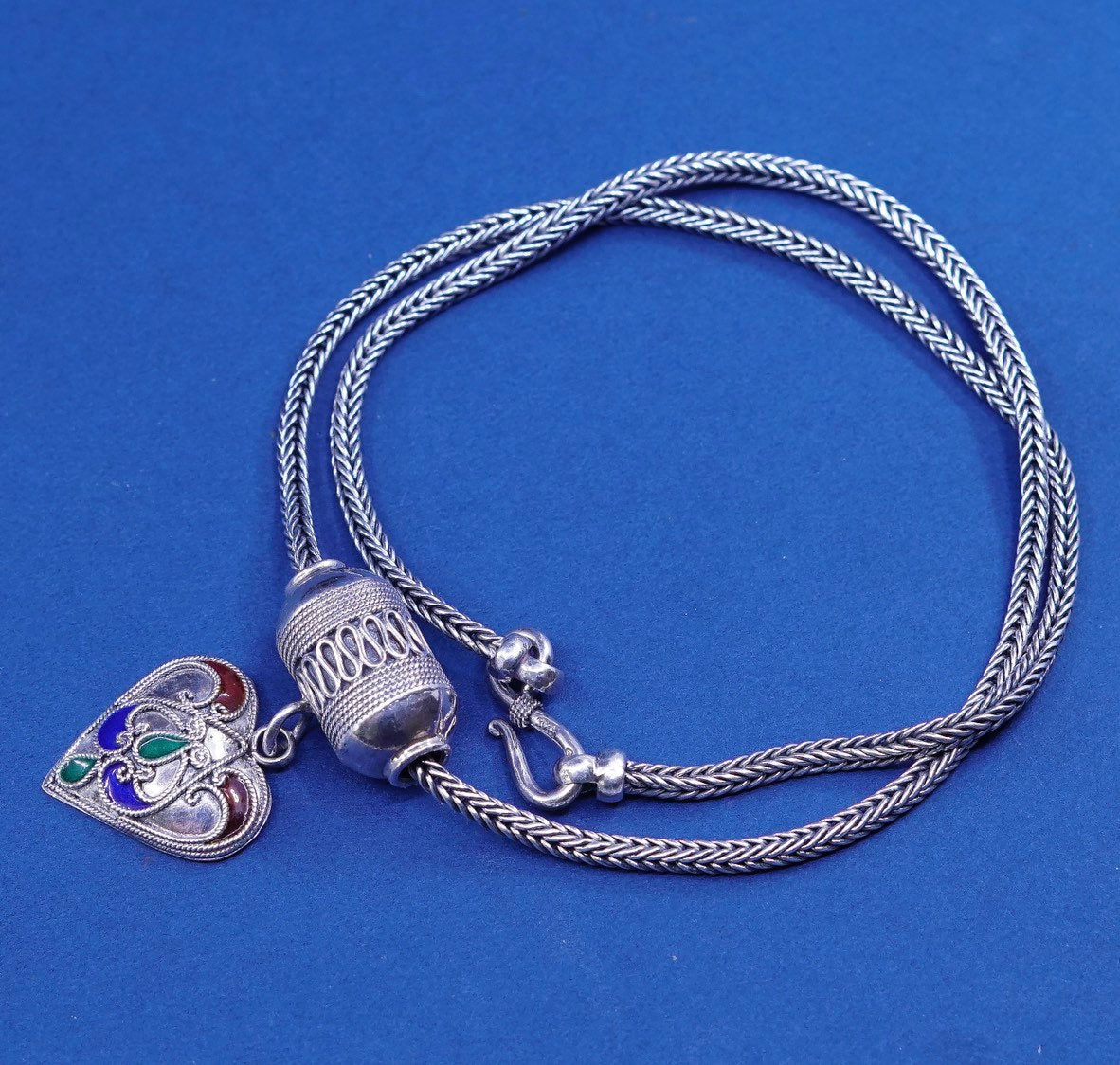 18”, sterling silver handmade necklace 925 wheat chain w/ enamel heart pendant