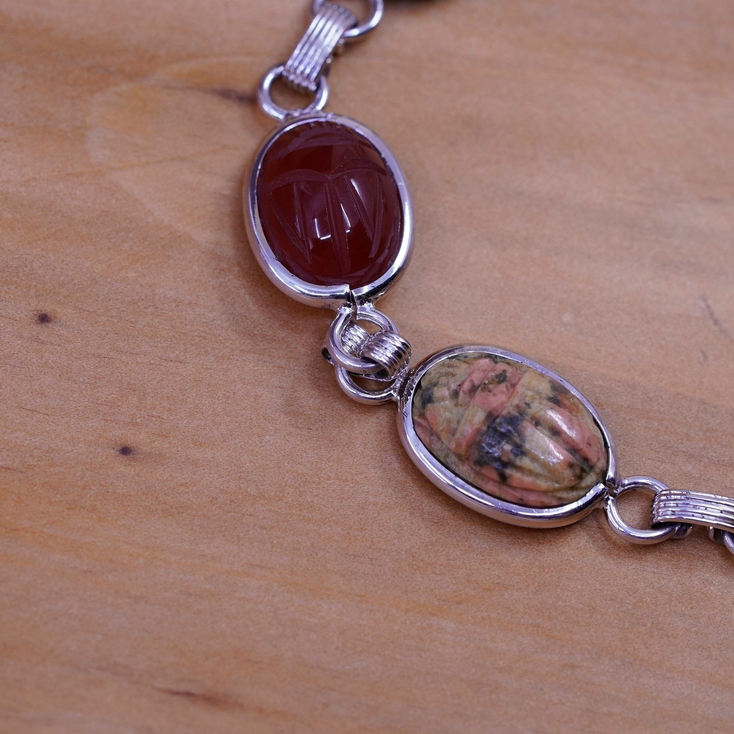 7.25”, sterling 925 silver carved bracelet golden tiger eye jasper carnelian