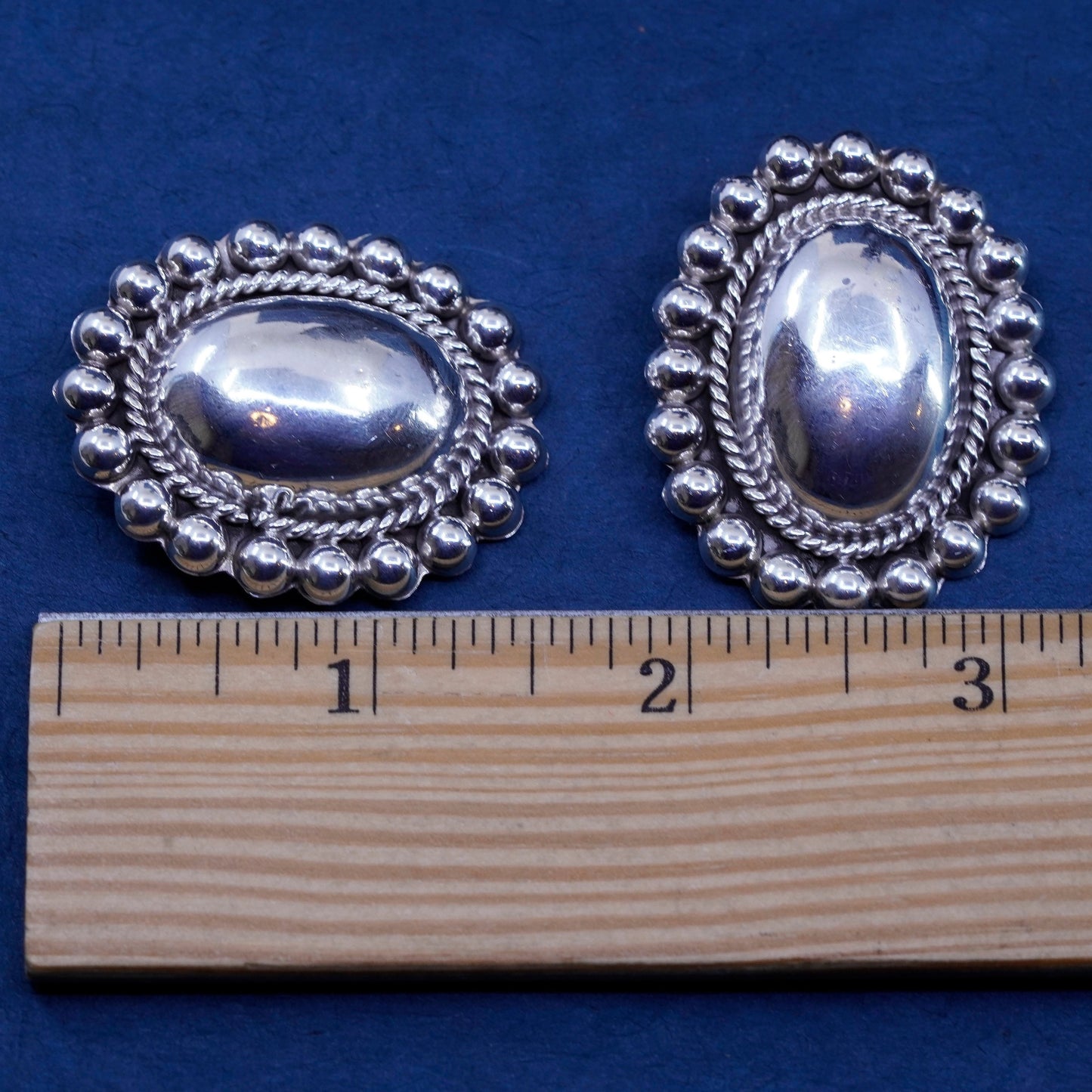 Vintage Mexico sterling 925 silver handmade oval clip on earrings with beads