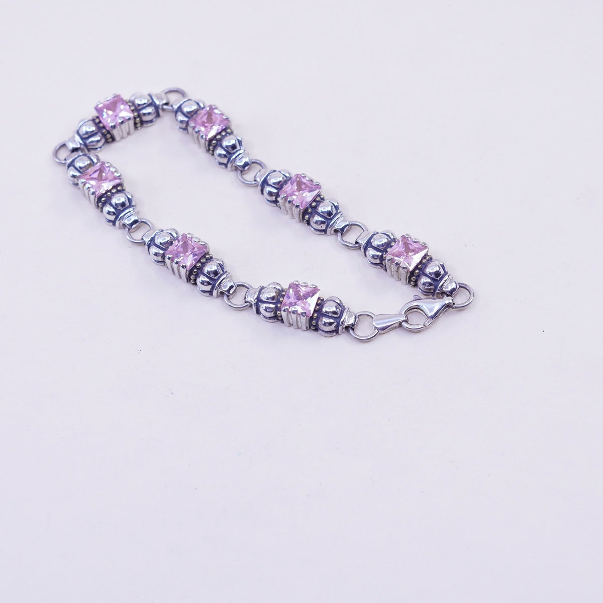 7”, Vintage Sterling 925 silver ribbed bracelet with pink crystals
