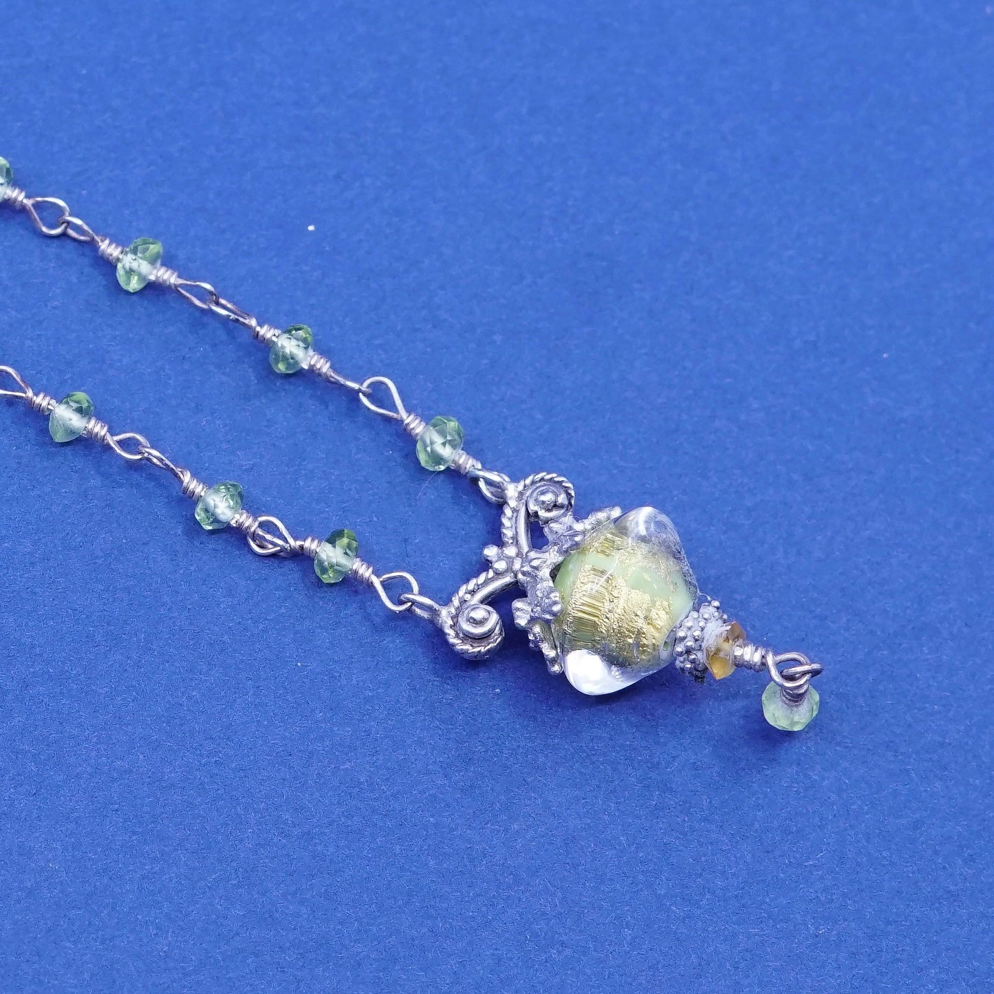 16”, Sterling 925 silver necklace w/ peridot beads and foiled glass pendant