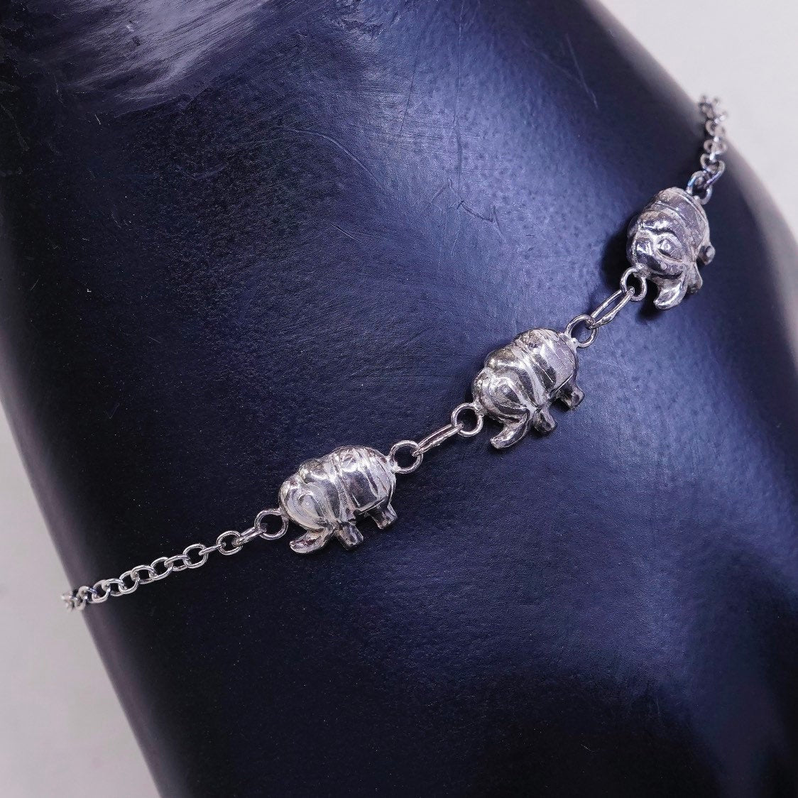 7.25”, VTG Sterling Silver Handmade Bracelet, 925 Elephant link w/ chime