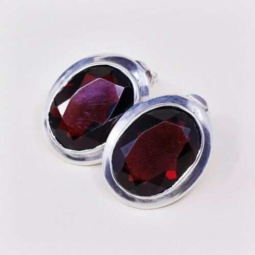 Vintage Modern Sterling Silver Handmade Earrings, 925 Silver Oval Studs W/ Ruby
