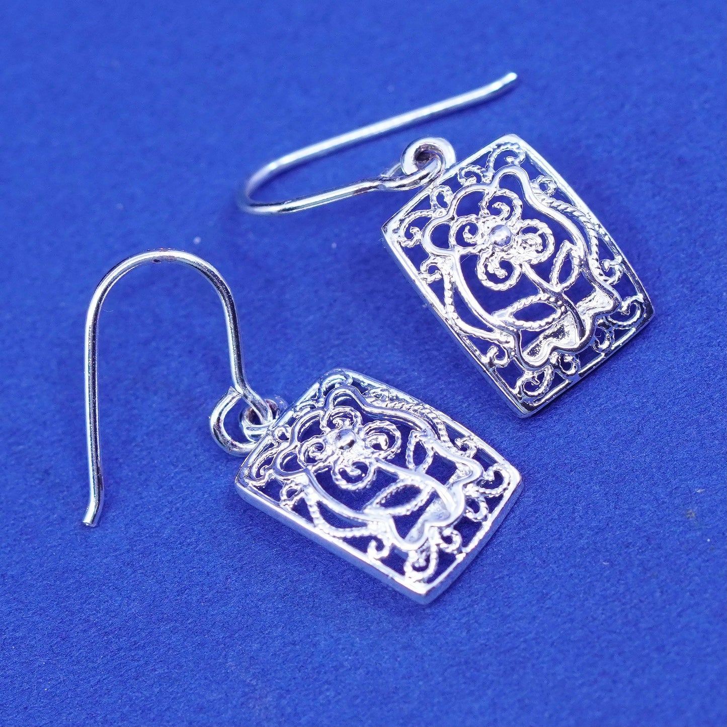 Vintage sterling silver handmade earrings, 925 filigree flower drop