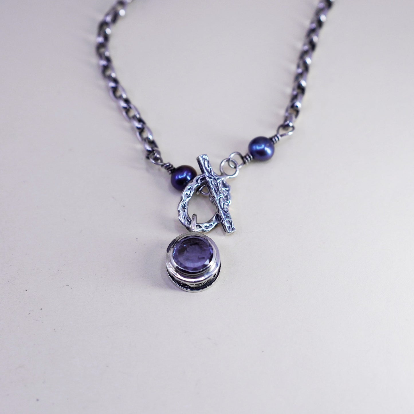 15”, handmade Sterling silver circle link chain with black pearl and amethyst