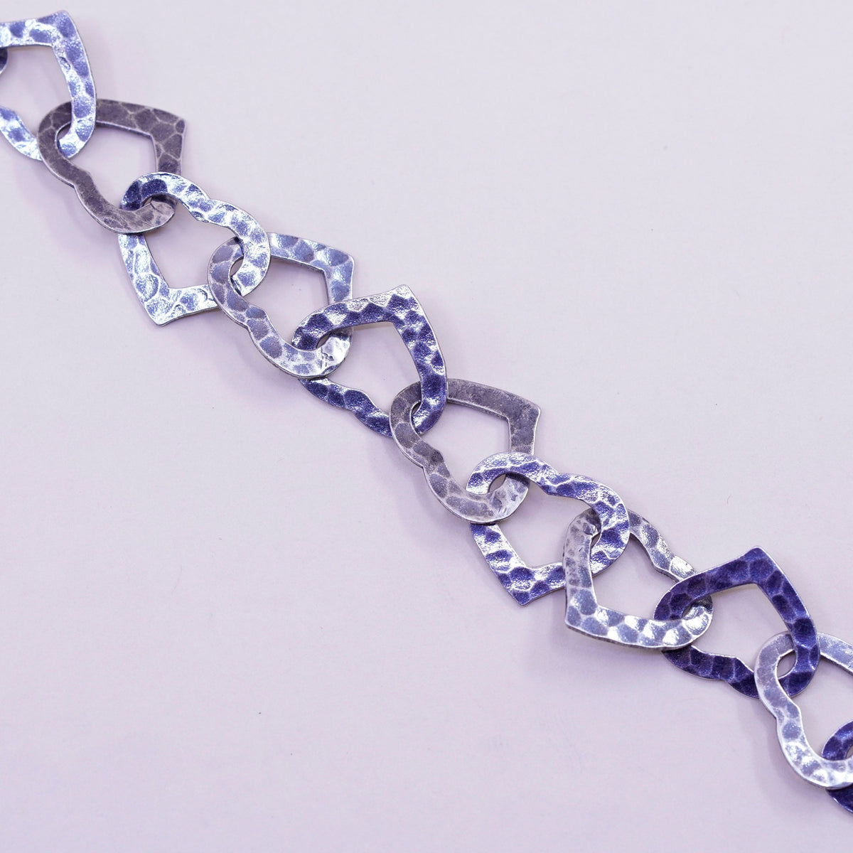 6.25”, Vintage sterling silver hammered oxidized heart bracelet, 925 chain