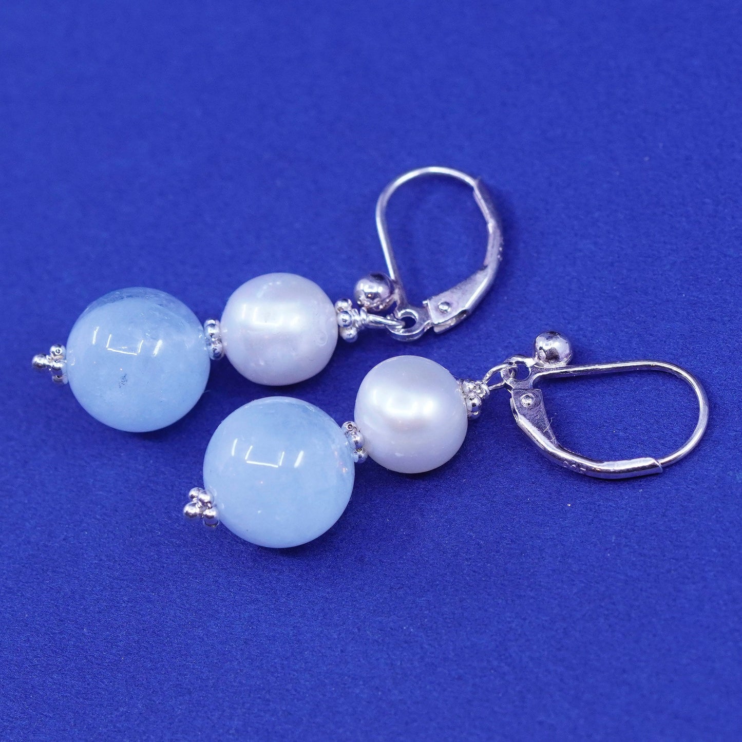 Vintage sterling silver handmade earrings, 925 hooks with jade and pearl beads