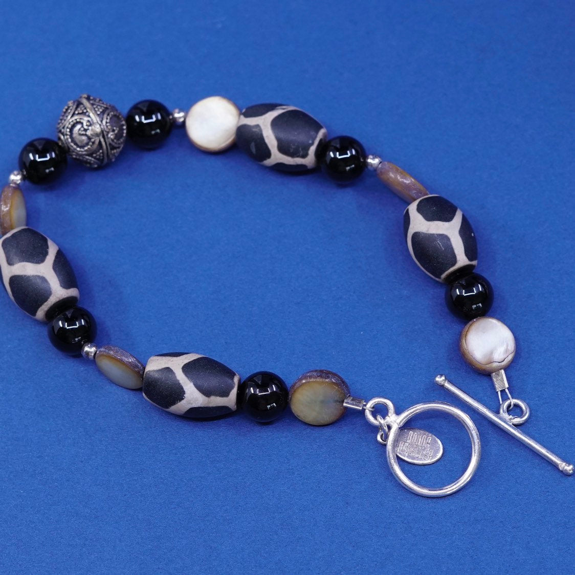 7.75", handmade sterling silver bracelet, 925 toggle w/ nut N obsidian beads