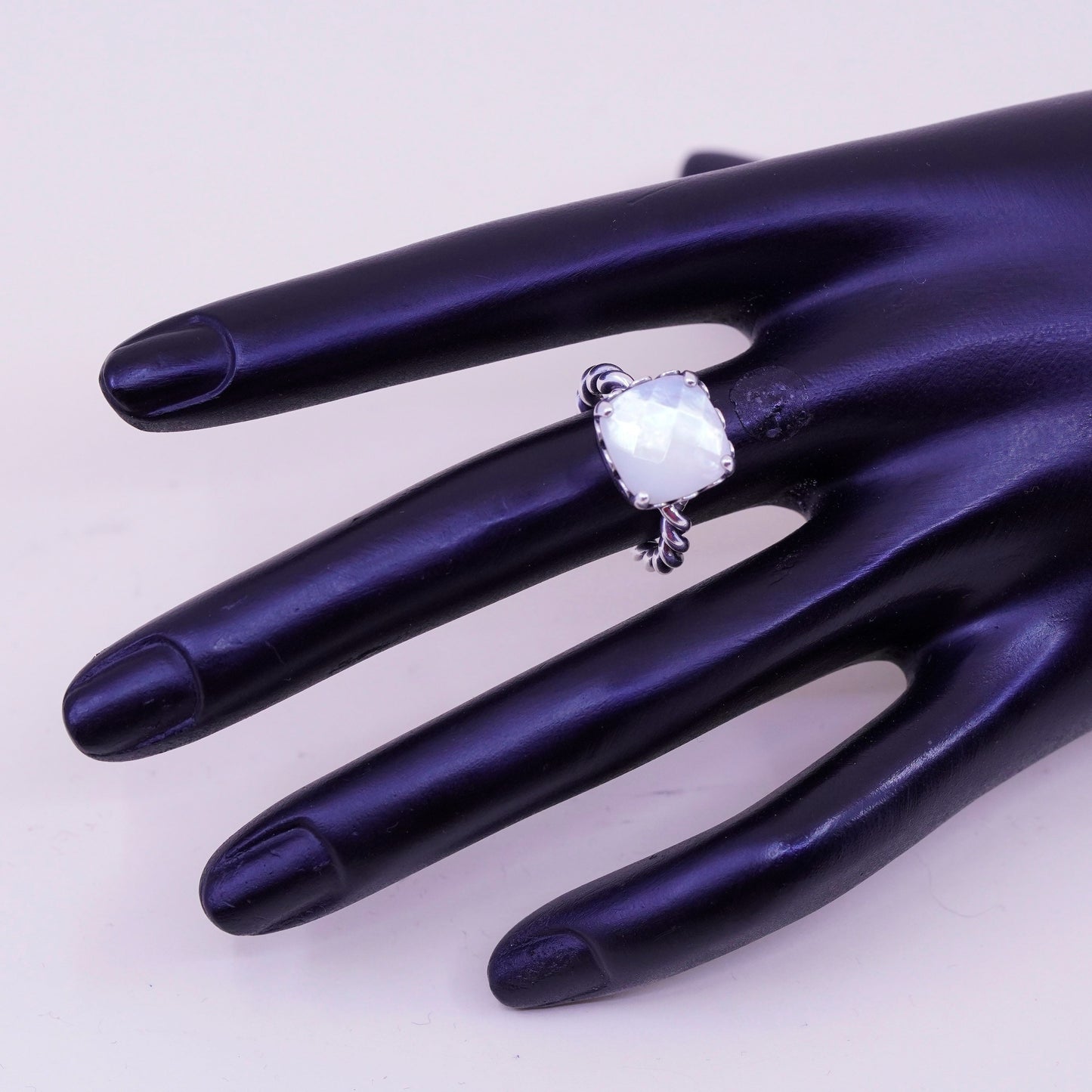 Size 6, ALE Sterling 925 silver ring with checker cut moonstone cable band