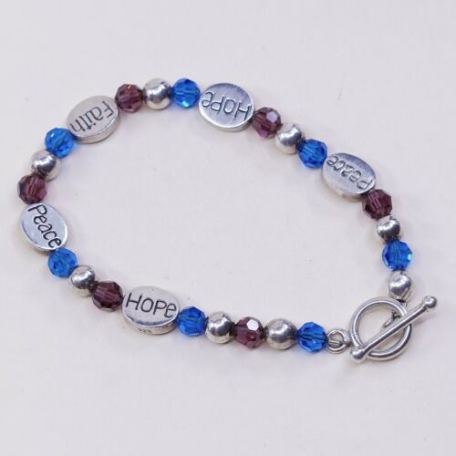 7.25” Vtg Sterling Silver Handmade Bracelet, 925 Peace Hope Faith W/ Blue Beads